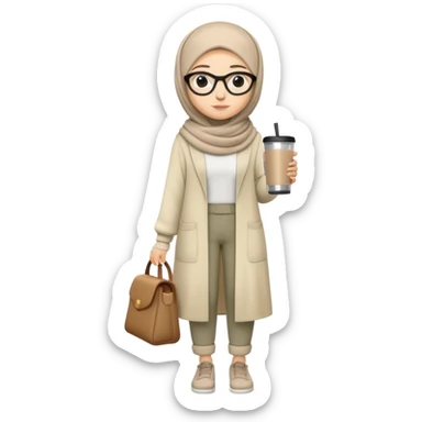 A full-body cartoon female characterShe wears a neutral-toned hijab and glasses, matching the facial features of the provided reference (friendly expression, neutral skin tone). She is dressed in a modest yet trendy outfit, carrying a tumbler. sticker