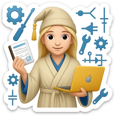 Create an emoji style image of a wizard in a white cloak, holding a resume and a laptop, surrounded by engineering icons. The engineering icons should be blue in color. The style should reflect the look of apple style emojis with concise details and vibrant colors. sticker