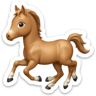 3D Apple-style emoji of a running foal. Small young horse with light brown body, short mane, big eyes, rounded and glossy, smooth shading, white background.

 sticker