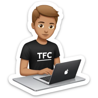 a person in a black t shirt with TFC text on it and laptop sticker