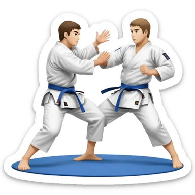Two judo practitioners in traditional gi, one executing a powerful throw while the other is countering with a defensive move. The background features a judo mat and a focused dojo atmosphere. Transparent background highlights the precision and technique of judo. sticker