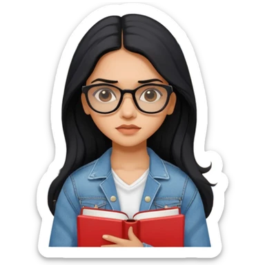 generate a pretty bratz emoji 
Make her look like Deepika Padukone wear a white dress with a denim jacket over it.long  black hair in a side part. Holding books

She should look exactly  like Deepika padukone! wearing tiny rectangular spectacle, looking sad sticker