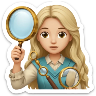 long haired girl in archaeological outfit, holding magnifying glass sticker