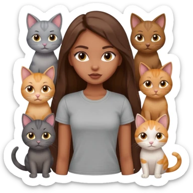 a pretty bratz dusky girl with long brown hair with six cats nd wearing a grey tshirt sticker