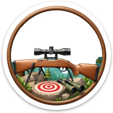 Icon for Hunting Tourism: hunting rifle, binoculars, and a target, surrounded by nature elements like trees, mountains, and wildlife tracks. The icon should represent the adventure and exploration of hunting tourism. Transparent background. sticker