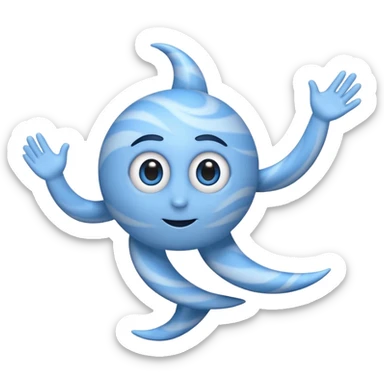 mascot-style cyclone emoji, blue swirl with large expressive cartoon eyes at top, thin black arms and legs sticking out, fun lively pose, clean emoji look, simple shading sticker