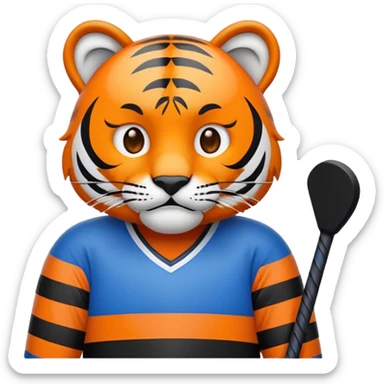 Tappara> i“Blue and orange hockey emoji celebrating victory, tiger mascot looking sad”lves sticker