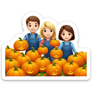 children picking pumpkins in a pumpkin patch, orange leaves, happy faces sticker