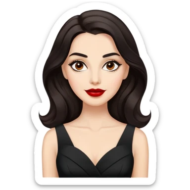 Distinguished actress with bright complexion, long dark hair with soft waves, large expressive dark eyes with classic makeup, defined brows, red lipstick, wearing elegant black dress, confident professional smile sticker