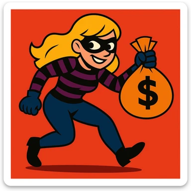 blonde female thief with a money bag, sneaky expression, vibrant toon style sticker
