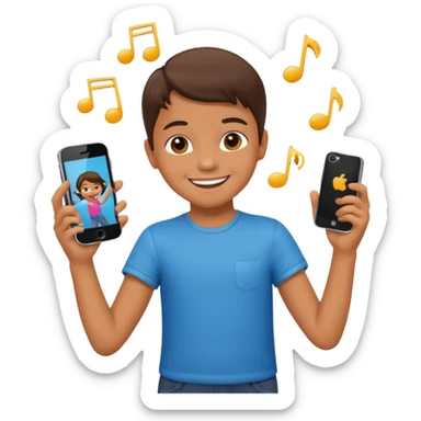 smiling child dancing, holding a phone sticker