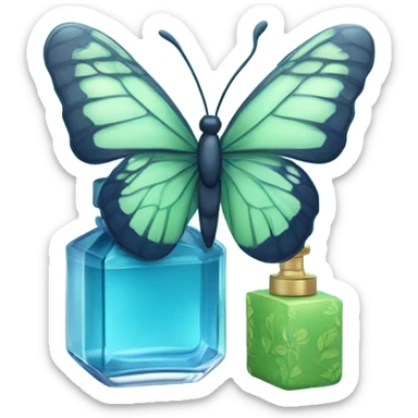  pastel green butterfly resting on an elegant blue perfume bottle with fork dark blue details. sticker