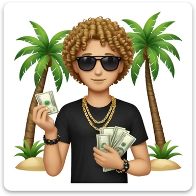 Happy mixed-race person with curly hair, black t-shirt, chain necklace, sunglasses, holding cash in both hands, palm tree beach background sticker