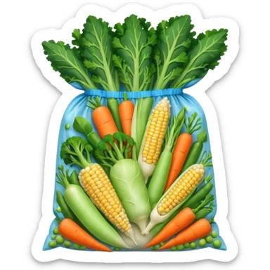 A colorful plastic bag filled with mixed vegetables — peas, carrots, corn, and broccoli — sealed and lightly frosted. Tnutrition facts, and vibrant vegetable images. Displayed in a grocery store freezer with cool white lighting and condensation on the glass door. sticker