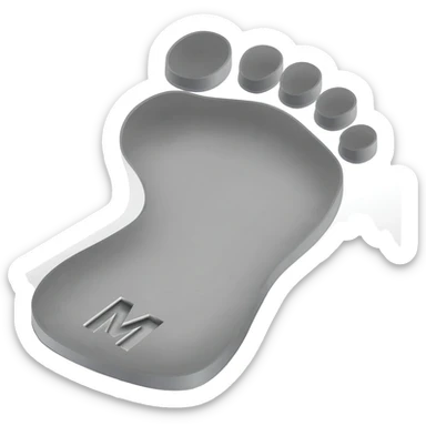Minimalist 3D emoji: two stylized, bare footprints pressed deeply into soft, wet concrete. Textured surface. Engraved inside the heel of the leading footprint is a small, sharp chrome geometric 'M'. Isometric view, isolated on white. sticker
