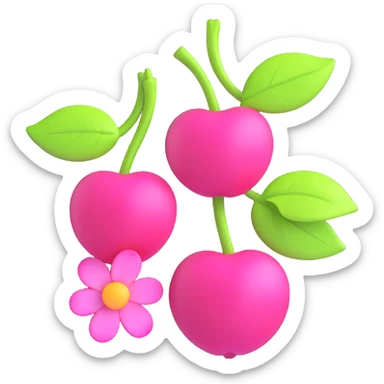 3D iOS-style illustration of two bright pink cherries with green leaves and pink flowers, vibrant neon colors, no background. sticker