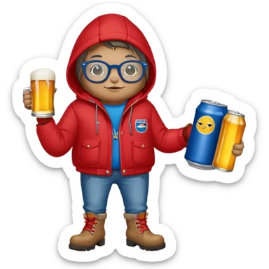 Catfish in a red winter jacket with hood, wearing round glasses, blue jeans, red boots, holding a beer can with a red label sticker