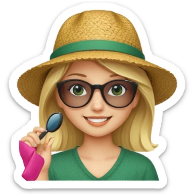 blonde girl in dark green straw hat adjusting sunglasses sticker