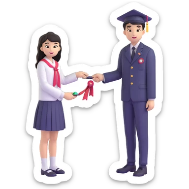 Japanese male high school student giving second uniform button to girl during graduation confession sticker