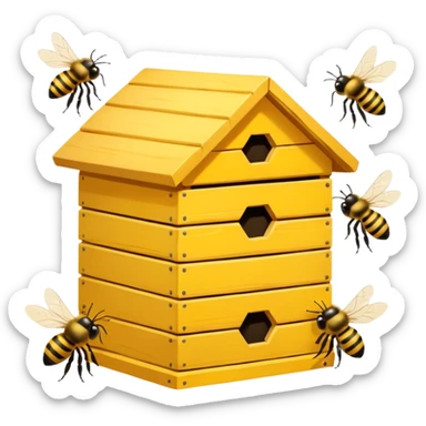 A wooden hive box with bees buzzing around the entrance. sticker