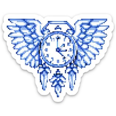 pixel art of a clock with wings, time flying concept sticker