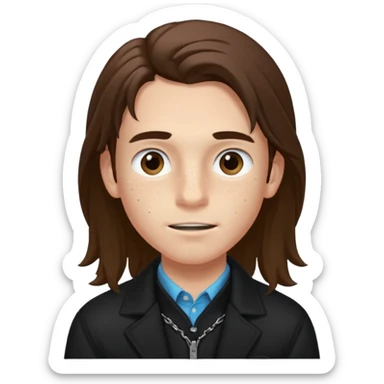 Un chico con pelo largo, que le llegue hasta las cejas, tiene pecas, brackets, ojos cafés oscuros y con una chaqueta negra sticker