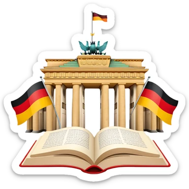 An icon featuring the Brandenburg Gate and the big flag of Germany, symbolizing the German language. The design includes an open book with German text representing language learning and German culture. Transparent background highlights the essence of German heritage. sticker