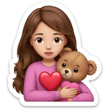 girl with long wavy brown hair, brown eyes, light to medium complexion, in a pink shirt, pink lips, long lashes, sad, hugging a teddy bear with a  heart sticker