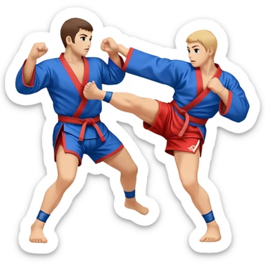 An icon symbolizing Sambo, featuring two fighters in blue and red kimonos with shorts and wrestling shoes. One executes a powerful throw, while the other attempts a defensive grab. The fighters are engaged in a grapple, using joint locks and sweeps.  sticker