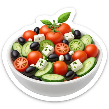 mediterranean salad bowl object icon, tomatoes, cucumbers, olives, feta cheese, olive oil dressing, 3D cartoon, mobile game icon style, clean background, no text, no watermark
 sticker