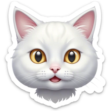 Cinematic Comical White Cat Portrait Emoji, Head tilted in an exaggerated, surprised manner with wide, sparkling eyes, showcasing a pristine white fur with subtle hints of silver and an animated, goofy expression, simplified yet whimsically detailed, glowing with a playful, bright radiance, high shine, exuding a lighthearted and comical charm, styled with a soft glowing outline, capturing the essence of a white cat that looks ready to prance comically off the screen! sticker