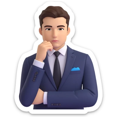 front-facing emoji-style businessman in a suit from the waist up, hand under chin, looking to the side thoughtfully, luxury watch visible on wrist, contemplative and curious mood, clean background sticker