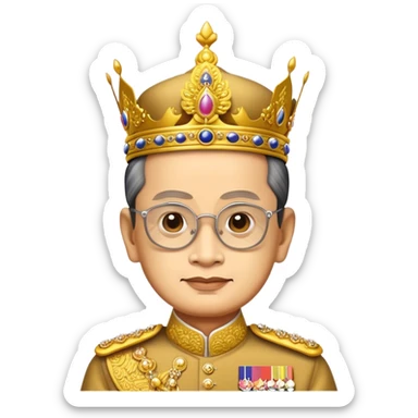 Cinematic Realistic King Bhumibol Adulyadej Portrait Emoji, depicted as a revered Thai monarch with a dignified expression and traditional royal attire, rendered with lifelike textures and soft regal lighting that captures his lasting legacy. sticker