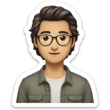 young vietnamese guy brown mid long hair with parting mid long in the middle turtletoise glasses and a beard and light brown skin with beard sticker