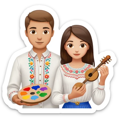 a guy in a white Ukrainian embroidered shirt and a girl in a white Ukrainian embroidered shirt, holding music and a paint palette sticker