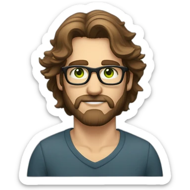 A serious guy with long, slightly wavy brown hair, green eyes, fairly thin black glasses and a fairly thin and small beard sticker