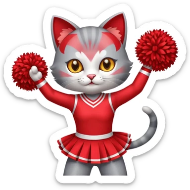 A sleek grey cat cheerleader twirling pom-poms with confident energy. sticker