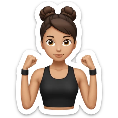 Uma mulher morena de coque alto e roupa de academia preta. Fazendo pose mostrando os músculos do braço sticker