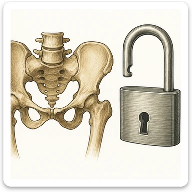 Add an open padlock next to the human pelvic bone anatomy, both on a white background, in a detailed medical style. sticker