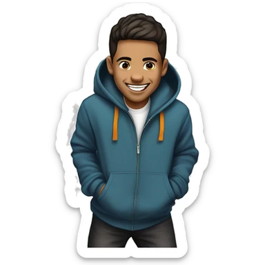 Create a playful portrait of a young man with a round face, short dark hair, and a mischievous smile, wearing a stylish hoodie. The background features colorful graffiti and an urban setting, capturing his energetic personality sticker