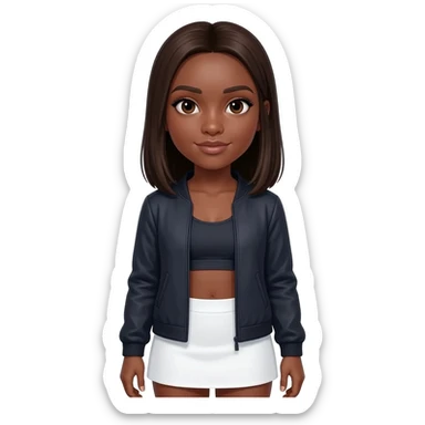 A girl with brown olive skin very very dark brown hair pretty dark brown eyes with long natural eyelashes wearing a lulu lemon tang top and jacket allong with a white mini skirt  straight medium length hair sticker