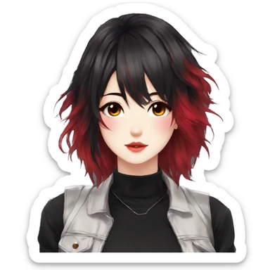 Gorgeous anime style lady with blushing face aesthetic and pretty edgy black red punk hair with hair garment trending style sticker