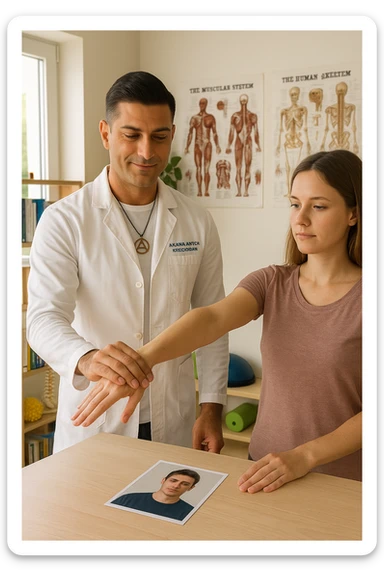a middle-aged man, dressed in casual professional attire, is in a bright, organized therapy studio. Durante una visita di kinesiologia, il praticante tiene con una mano la foto di una persona lontana (il “testimone”) appoggiata su un tavolo, mentre con l’altra mano esegue un test muscolare su un cliente presente. Sullo sfondo si vedono libri di kinesiologia, poster anatomici e strumenti tipici della disciplina. L’atmosfera è concentrata e serena, con luce naturale che entra dalla finestra, sottolineando l’aspetto alternativo e umano della pratica. sticker