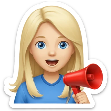 blue eyes blonde girl yelling into megaphone saying timeout long hair smiling sticker