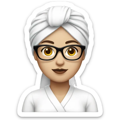 White-skinned woman with black square glasses, white clothes and white turban sticker