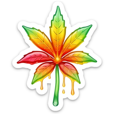 generate an emoji-style image of a juicy gummy shaped like a marijuana flower, make it colorful and with liquid dripping out sticker