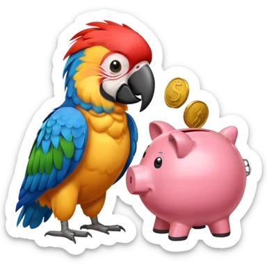 Macaw putting a coin into piggy bank with its beak sticker