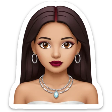 latina makeup olsun, saçları düz, halka küpeler taksın. takıların hepsi gümüş rengi olsun halka küpeler ve kolye dahil. makyajı ağır olsun ve beyaz bir Bandeau top kıyafet giyisin dudakları bordo olsun sticker