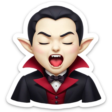 Cinematic Cute Yawning Vampire Portrait Emoji, with a small, rounded, charming pale face accented with tiny playful fangs and droopy, half-closed eyes, head tilted in an adorable wide yawn, dressed in miniature elegant dark attire with a hint of crimson, simplified yet irresistibly endearing, highly detailed with a soft, mysterious glow and gentle outline that captures the cute, drowsy side of an immortal! sticker