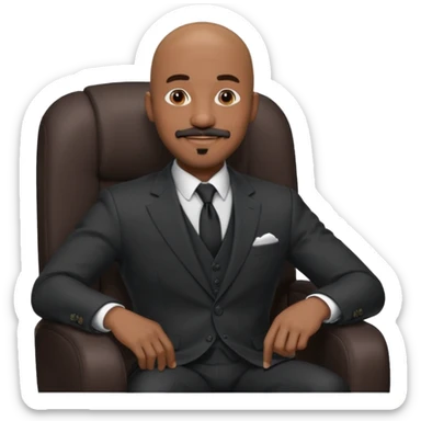 Black man, bald, in a suit, sitting on a chair in the office, goatee mustache sticker